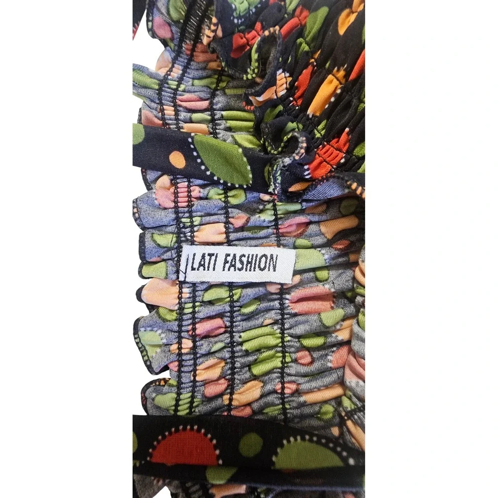 Lati Fashion Floral Polka Dot Smocked Maxi Dress Black Orange Boho Summer Small